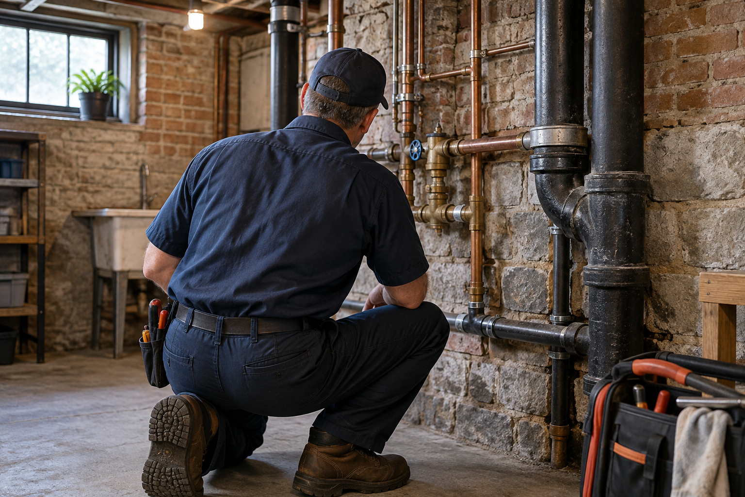 Illustrative image of a plumber inspecting pipes in an older Chicago basement